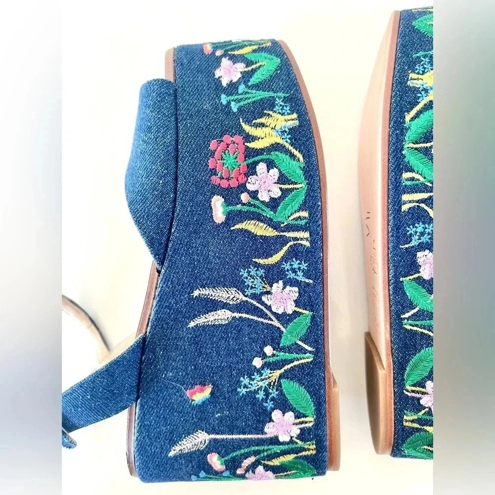 Etienne Aigner Sofhia Floral Embroidered Denim Platform Strappy Shoes‎ Size 6.5 - Picture 12 of 16